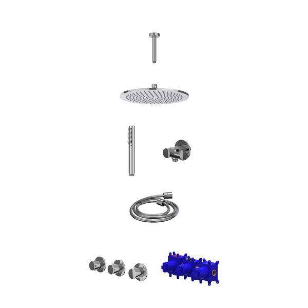 Regendoucheset inbouwthermostaatkraan met 2 vaste stopkranen symmetry, plafondbuis 15cm, R30cmME, verstelbare steun met geïnt. uitlaat, doucheslang 150cm en staafmodel