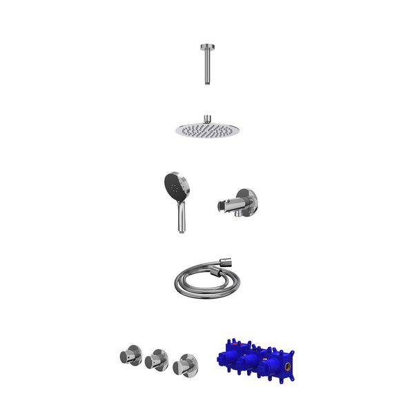 Regendoucheset inbouwthermostaatkraan met 2 vaste stopkranen symmetry, plafondbuis 15cm, R20cmSL, houder met uitlaat, doucheslang 150cm en 3-standen handdouche