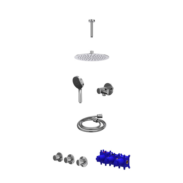 Regendoucheset inbouwthermostaatkraan met 2 vaste stopkranen symmetry, plafondbuis 15cm, R25cmSL, verstelbare steun met geïnt. uitlaat, doucheslang 150cm en 3-standen handdouche