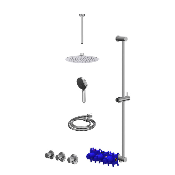 Regendoucheset inbouwthermostaatkraan met 2 vaste stopkranen symmetry, plafondbuis 30cm, R25cmSL, glijstang met uitlaat, doucheslang 150cm en 3-standen handdouche