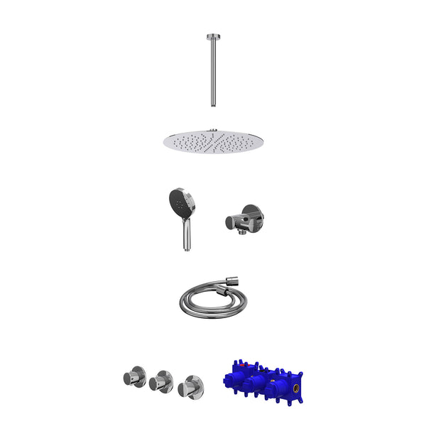 Regendoucheset inbouwthermostaatkraan met 2 vaste stopkranen symmetry, plafondbuis 30cm, R30cmSL, verstelbare steun met geïnt. uitlaat, doucheslang 150cm en 3-standen handdouche