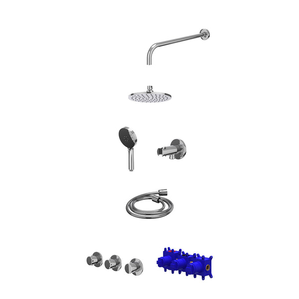 Regendoucheset inbouwthermostaatkraan met 2 vaste stopkranen symmetry, wandarm, R20cmME, houder met uitlaat, doucheslang 150cm en 3-standen handdouche