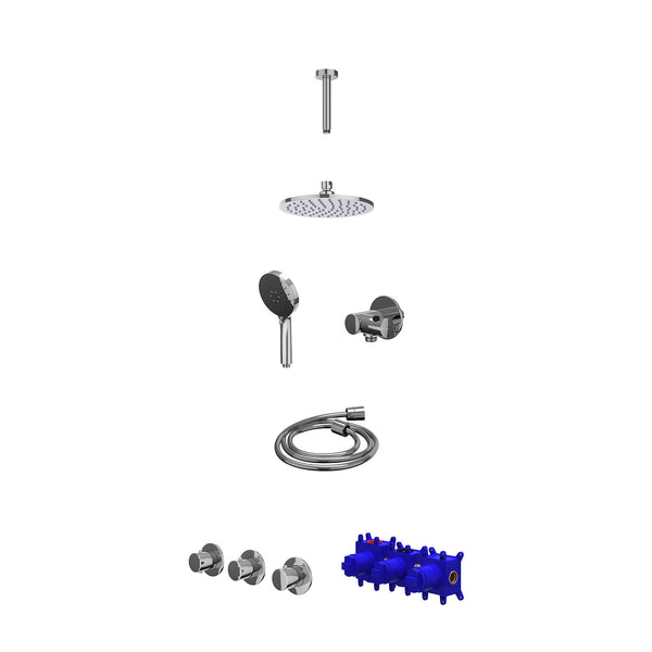 Regendoucheset inbouwthermostaatkraan met 2 vaste stopkranen symmetry, plafondbuis 15cm, R20cmME, verstelbare steun met geïnt. uitlaat, doucheslang 150cm en 3-standen handdouche