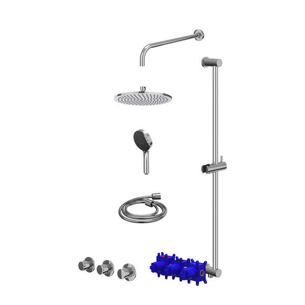 Regendoucheset inbouwthermostaatkraan met 2 vaste stopkranen symmetry, wandarm, R25cmME, glijstang met uitlaat, doucheslang 150cm en 3-standen handdouche