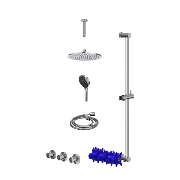 Regendoucheset inbouwthermostaatkraan met 2 vaste stopkranen symmetry, plafondbuis 15cm, R25cmME, glijstang met uitlaat, doucheslang 150cm en 3-standen handdouche