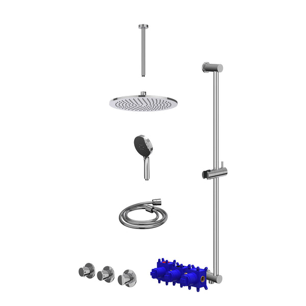 Regendoucheset inbouwthermostaatkraan met 2 vaste stopkranen symmetry, plafondbuis 30cm, R30cmME, glijstang met uitlaat, doucheslang 150cm en 3-standen handdouche