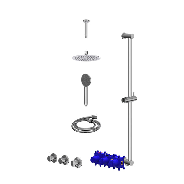 Regendoucheset inbouwthermostaatkraan met 2 vaste stopkranen symmetry, plafondbuis 15cm, R20cmSL, glijstang met uitlaat, doucheslang 150cm en satin spray handdouche