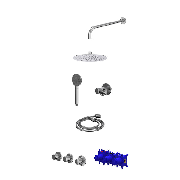 Regendoucheset inbouwthermostaatkraan met 2 vaste stopkranen symmetry, wandarm, R25cmSL, verstelbare steun met geïnt. uitlaat, doucheslang 150cm en satin spray handdouche