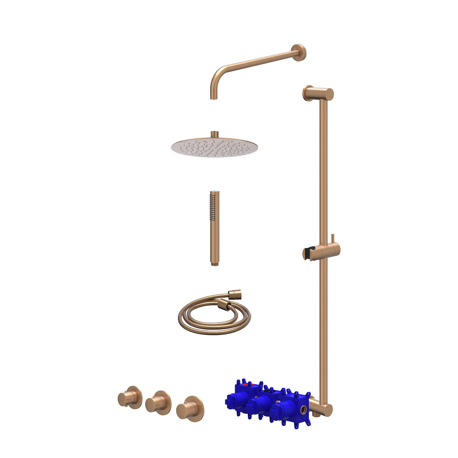 IVY Regendoucheset inbouwthermostaatkraan met 2 vaste stopkranen symmetry, wandarm, R25cmSL, glijstang met uitlaat, doucheslang 150cm en staafmodel – Gebr. mat koper PVD
