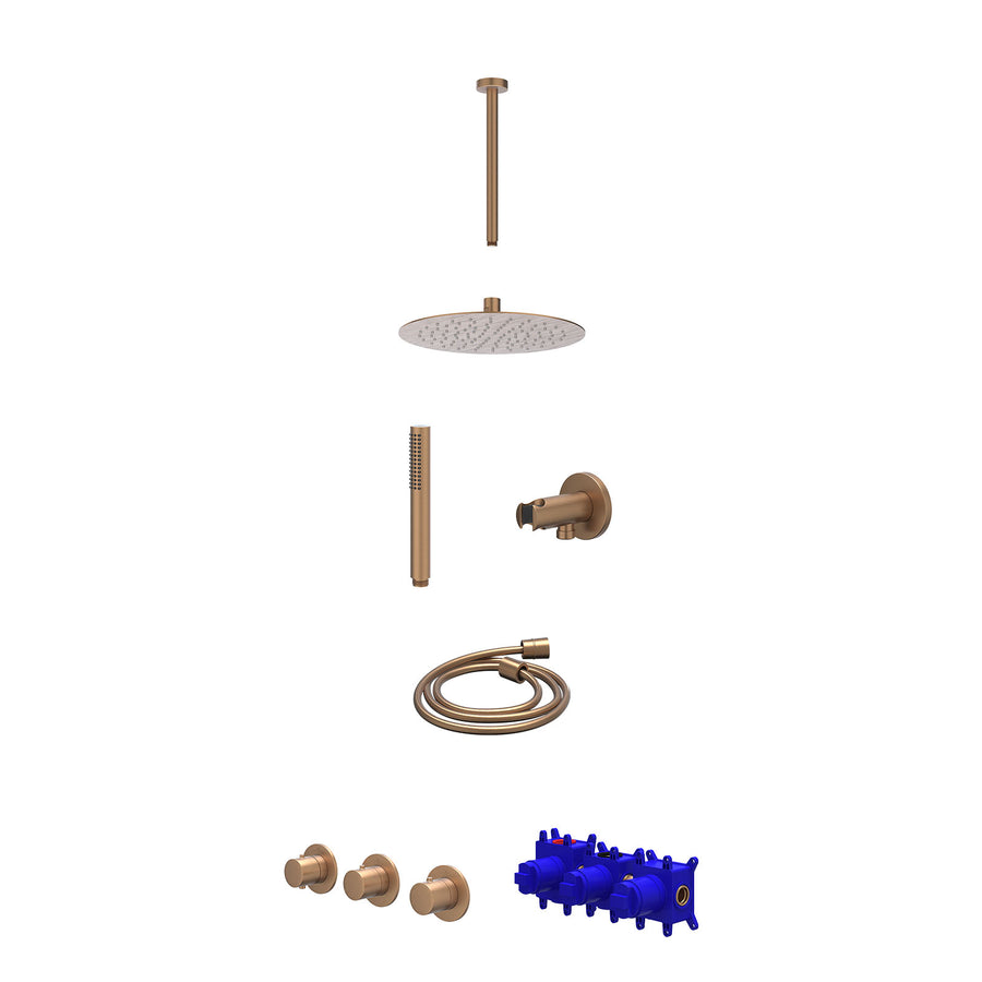 IVY Regendoucheset inbouwthermostaatkraan met 2 vaste stopkranen symmetry, plafondbuis 30cm, R25cmSL, houder met uitlaat, doucheslang 150cm en staafmodel – Gebr. mat koper PVD