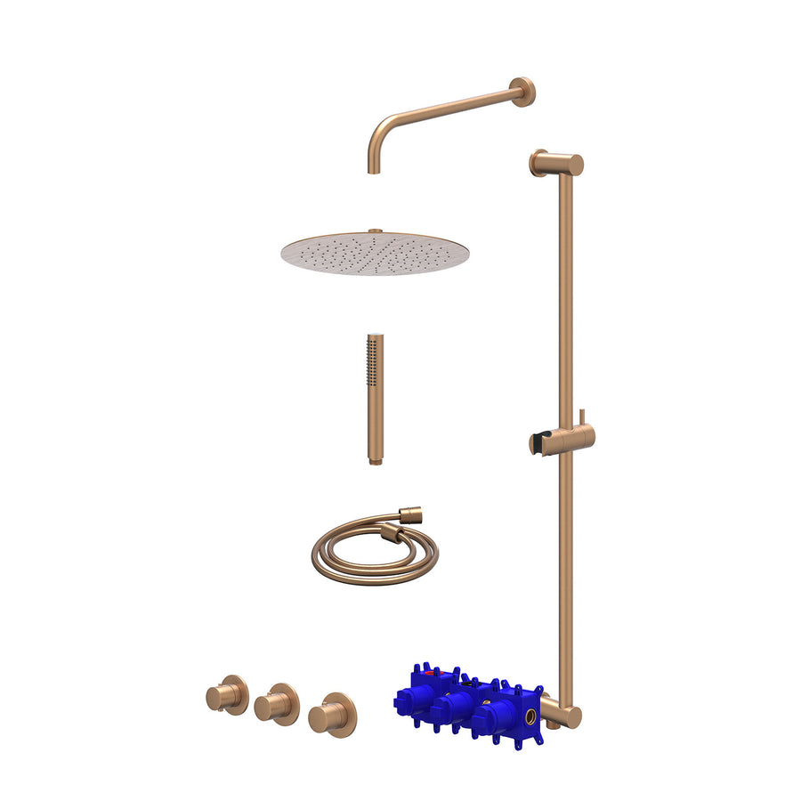 IVY Regendoucheset inbouwthermostaatkraan met 2 vaste stopkranen symmetry, wandarm, R30cmSL, glijstang met uitlaat, doucheslang 150cm en staafmodel – Gebr. mat koper PVD