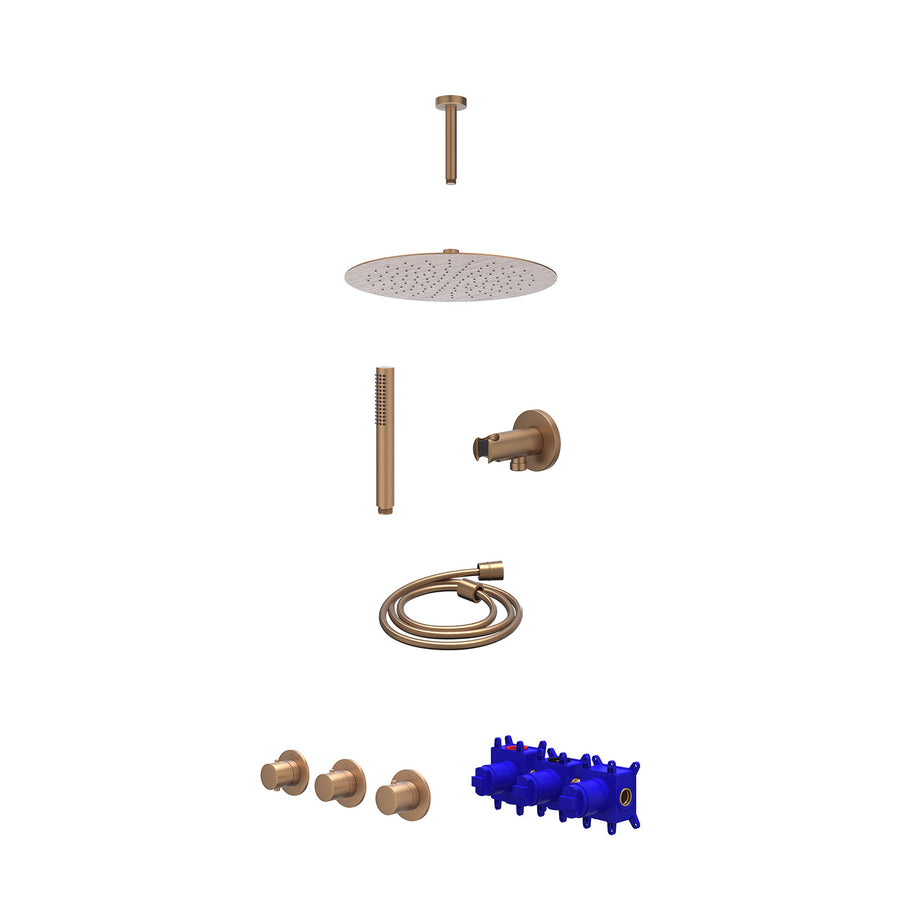 IVY Regendoucheset inbouwthermostaatkraan met 2 vaste stopkranen symmetry, plafondbuis 15cm, R30cmSL, houder met uitlaat, doucheslang 150cm en staafmodel – Gebr. mat koper PVD