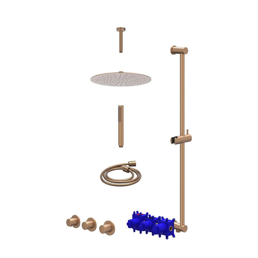IVY Regendoucheset inbouwthermostaatkraan met 2 vaste stopkranen symmetry, plafondbuis 15cm, R30cmSL, glijstang met uitlaat, doucheslang 150cm en staafmodel – Gebr. mat koper PVD