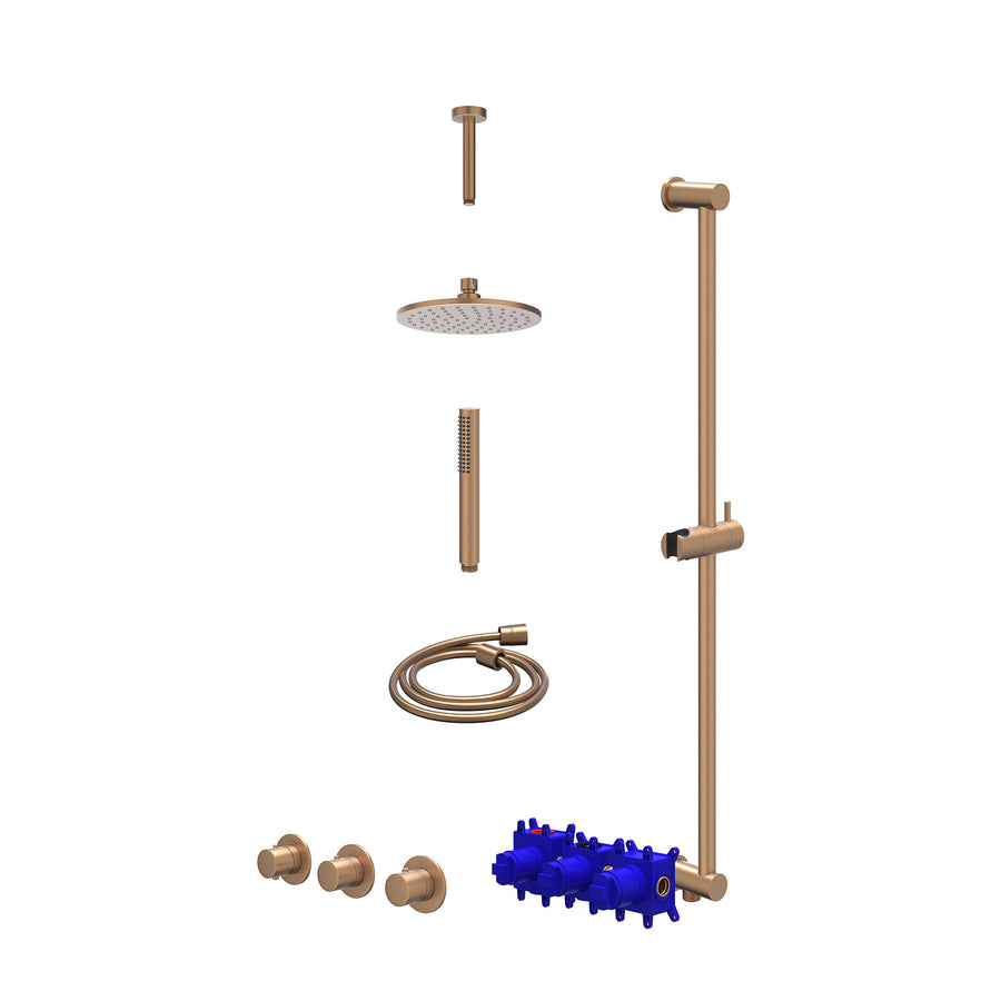 IVY Regendoucheset inbouwthermostaatkraan met 2 vaste stopkranen symmetry, plafondbuis 15cm, R20cmME, glijstang met uitlaat, doucheslang 150cm en staafmodel – Gebr. mat koper PVD