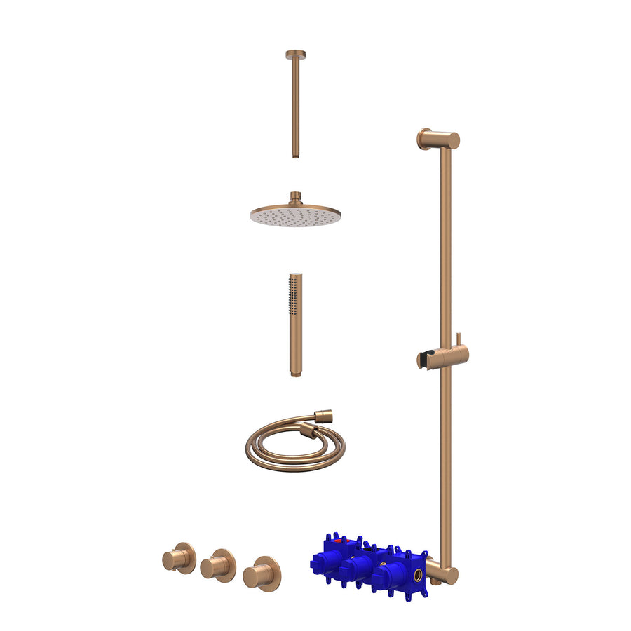 IVY Regendoucheset inbouwthermostaatkraan met 2 vaste stopkranen symmetry, plafondbuis 30cm, R20cmME, glijstang met uitlaat, doucheslang 150cm en staafmodel – Gebr. mat koper PVD