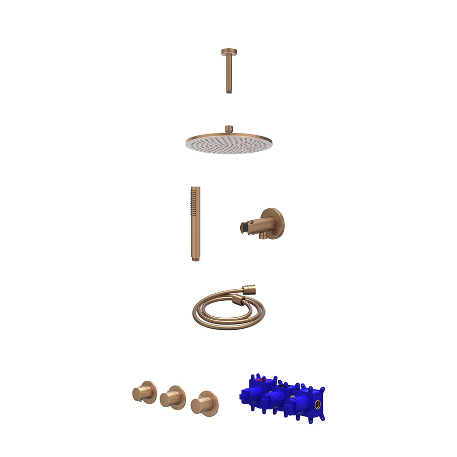 IVY Regendoucheset inbouwthermostaatkraan met 2 vaste stopkranen symmetry, plafondbuis 15cm, R25cmME, houder met uitlaat, doucheslang 150cm en staafmodel – Gebr. mat koper PVD