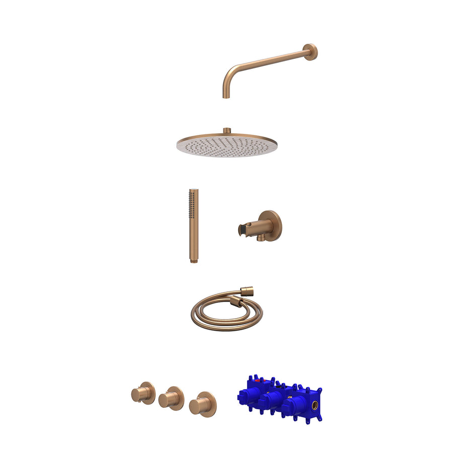 IVY Regendoucheset inbouwthermostaatkraan met 2 vaste stopkranen symmetry, wandarm, R30cmME, houder met uitlaat, doucheslang 150cm en staafmodel – Gebr. mat koper PVD