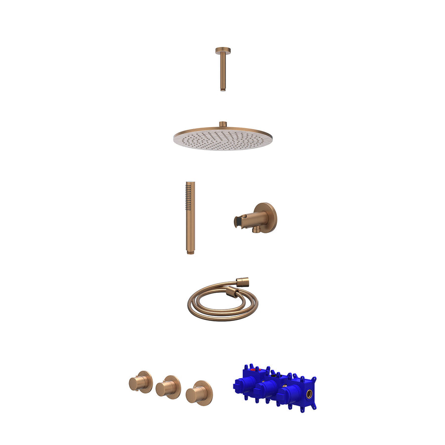 IVY Regendoucheset inbouwthermostaatkraan met 2 vaste stopkranen symmetry, plafondbuis 15cm, R30cmME, houder met uitlaat, doucheslang 150cm en staafmodel – Gebr. mat koper PVD