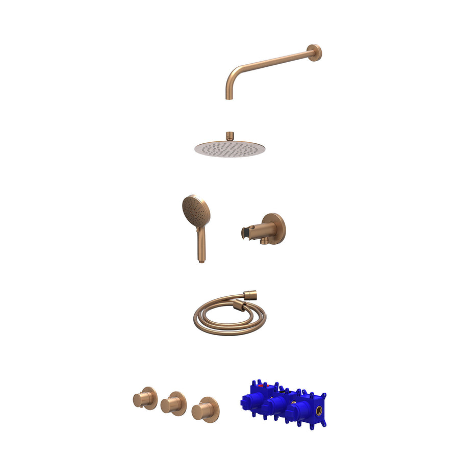 IVY Regendoucheset inbouwthermostaatkraan met 2 vaste stopkranen symmetry, wandarm, R20cmSL, houder met uitlaat, doucheslang 150cm en 3-standen handdouche – Gebr. mat koper PVD