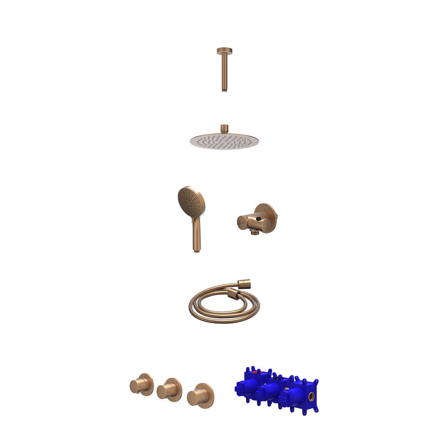 IVY Regendoucheset inbouwthermostaatkraan met 2 vaste stopkranen symmetry, plafondbuis 15cm, R20cmSL, verstelbare steun met geïnt. uitlaat, doucheslang 150cm en 3-standen handdouch