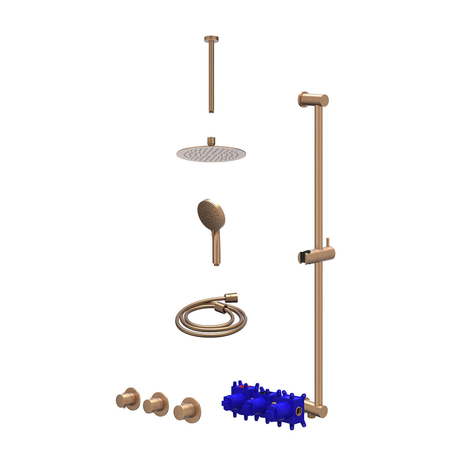 IVY Regendoucheset inbouwthermostaatkraan met 2 vaste stopkranen symmetry, plafondbuis 30cm, R20cmSL, glijstang met uitlaat, doucheslang 150cm en 3-standen handdouche – Gebr. mat k