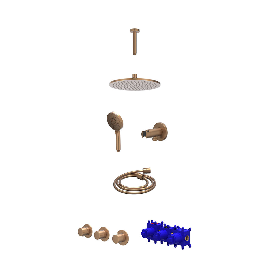 IVY Regendoucheset inbouwthermostaatkraan met 2 vaste stopkranen symmetry, plafondbuis 15cm, R25cmME, houder met uitlaat, doucheslang 150cm en 3-standen handdouche – Gebr. mat kope
