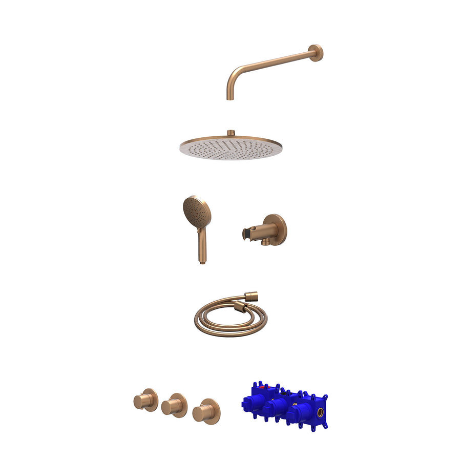 IVY Regendoucheset inbouwthermostaatkraan met 2 vaste stopkranen symmetry, wandarm, R30cmME, houder met uitlaat, doucheslang 150cm en 3-standen handdouche – Gebr. mat koper PVD