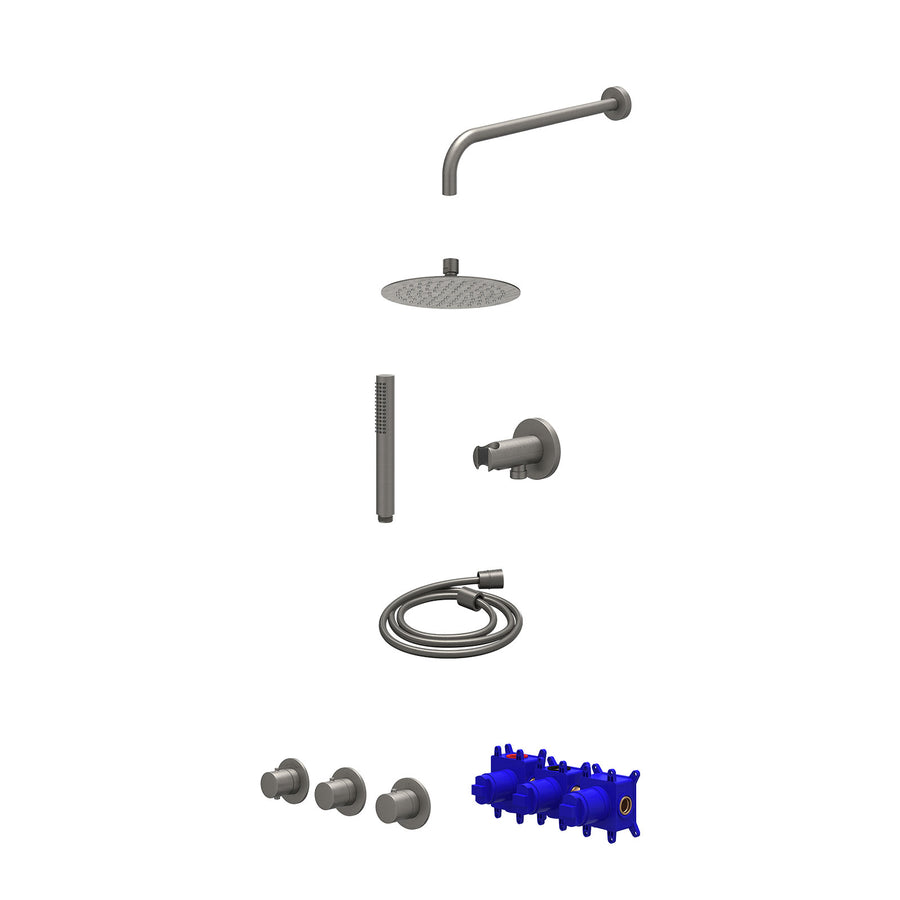 IVY Regendoucheset inbouwthermostaatkraan met 2 vaste stopkranen symmetry, wandarm, R20cmSL, houder met uitlaat, doucheslang 150cm en staafmodel – Gebr. metal black PVD
