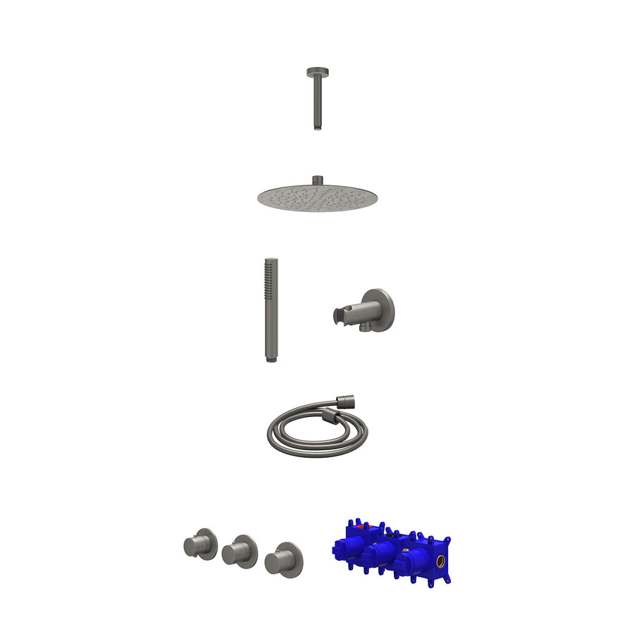 IVY Regendoucheset inbouwthermostaatkraan met 2 vaste stopkranen symmetry, plafondbuis 15cm, R25cmSL, houder met uitlaat, doucheslang 150cm en staafmodel – Gebr. metal black PVD
