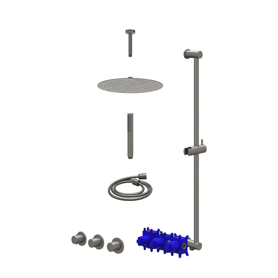IVY Regendoucheset inbouwthermostaatkraan met 2 vaste stopkranen symmetry, plafondbuis 15cm, R30cmSL, glijstang met uitlaat, doucheslang 150cm en staafmodel – Gebr. metal black PVD
