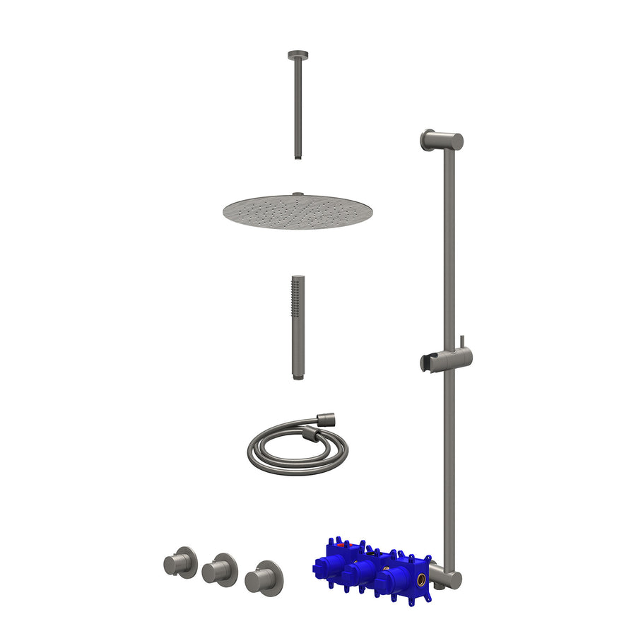IVY Regendoucheset inbouwthermostaatkraan met 2 vaste stopkranen symmetry, plafondbuis 30cm, R30cmSL, glijstang met uitlaat, doucheslang 150cm en staafmodel – Gebr. metal black PVD