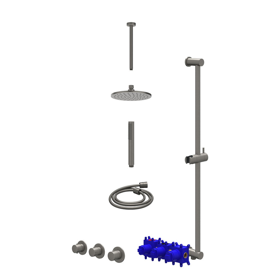 IVY Regendoucheset inbouwthermostaatkraan met 2 vaste stopkranen symmetry, plafondbuis 30cm, R20cmME, glijstang met uitlaat, doucheslang 150cm en staafmodel – Gebr. metal black PVD