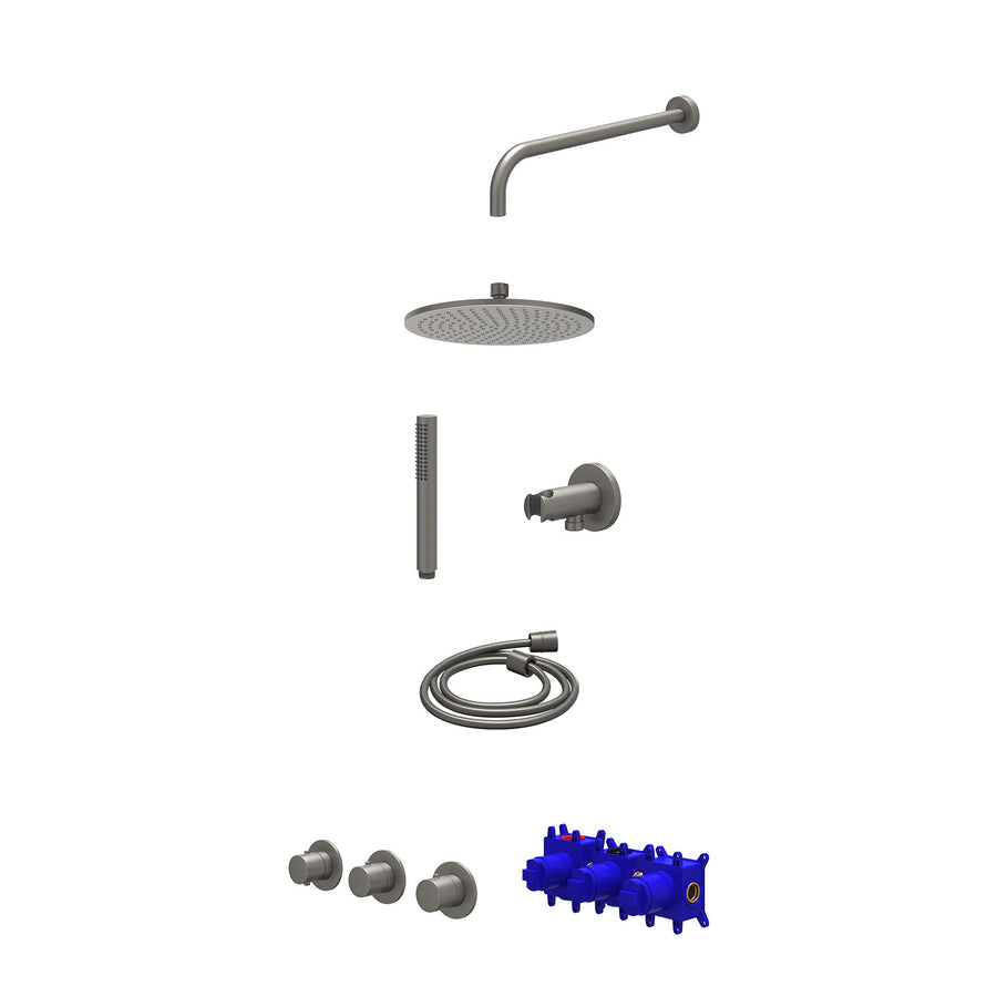 IVY Regendoucheset inbouwthermostaatkraan met 2 vaste stopkranen symmetry, wandarm, R25cmME, houder met uitlaat, doucheslang 150cm en staafmodel – Gebr. metal black PVD