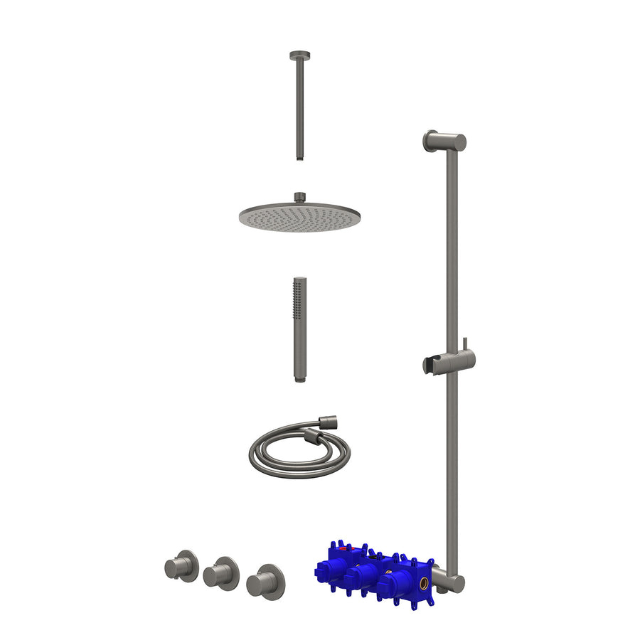 IVY Regendoucheset inbouwthermostaatkraan met 2 vaste stopkranen symmetry, plafondbuis 30cm, R25cmME, glijstang met uitlaat, doucheslang 150cm en staafmodel – Gebr. metal black PVD