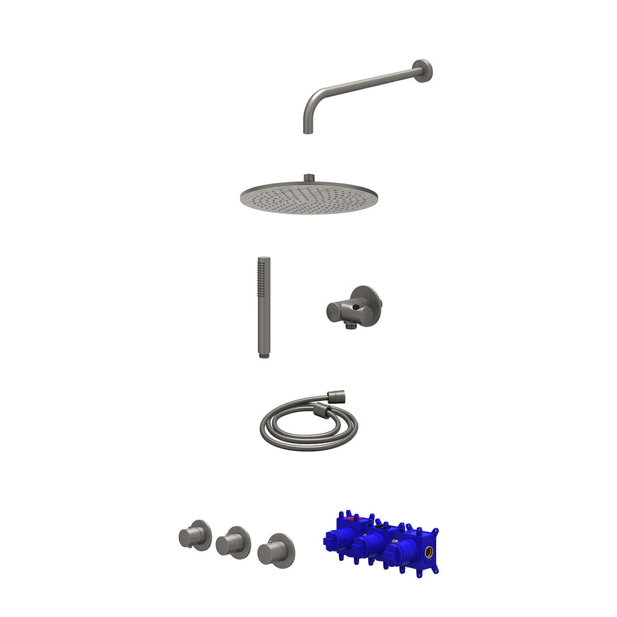 IVY Regendoucheset inbouwthermostaatkraan met 2 vaste stopkranen symmetry, wandarm, R30cmME, verstelbare steun met geïnt. uitlaat, doucheslang 150cm en staafmodel – Gebr. metal bla
