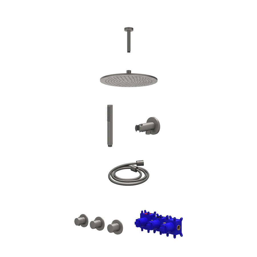 IVY Regendoucheset inbouwthermostaatkraan met 2 vaste stopkranen symmetry, plafondbuis 15cm, R30cmME, houder met uitlaat, doucheslang 150cm en staafmodel – Gebr. metal black PVD
