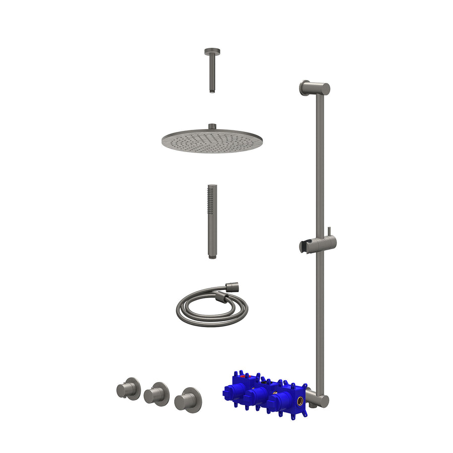 IVY Regendoucheset inbouwthermostaatkraan met 2 vaste stopkranen symmetry, plafondbuis 15cm, R30cmME, glijstang met uitlaat, doucheslang 150cm en staafmodel – Gebr. metal black PVD