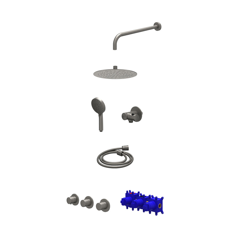 IVY Regendoucheset inbouwthermostaatkraan met 2 vaste stopkranen symmetry, wandarm, R25cmSL, verstelbare steun met geïnt. uitlaat, doucheslang 150cm en 3-standen handdouche – Gebr.