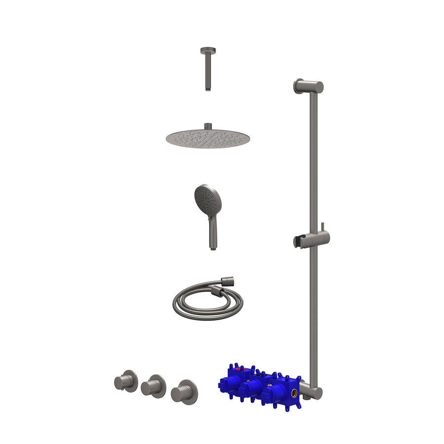 IVY Regendoucheset inbouwthermostaatkraan met 2 vaste stopkranen symmetry, plafondbuis 15cm, R25cmSL, glijstang met uitlaat, doucheslang 150cm en 3-standen handdouche – Gebr. metal