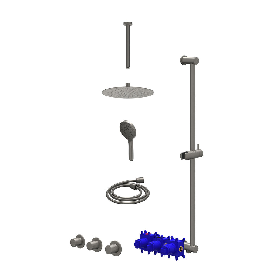 IVY Regendoucheset inbouwthermostaatkraan met 2 vaste stopkranen symmetry, plafondbuis 30cm, R25cmSL, glijstang met uitlaat, doucheslang 150cm en 3-standen handdouche – Gebr. metal