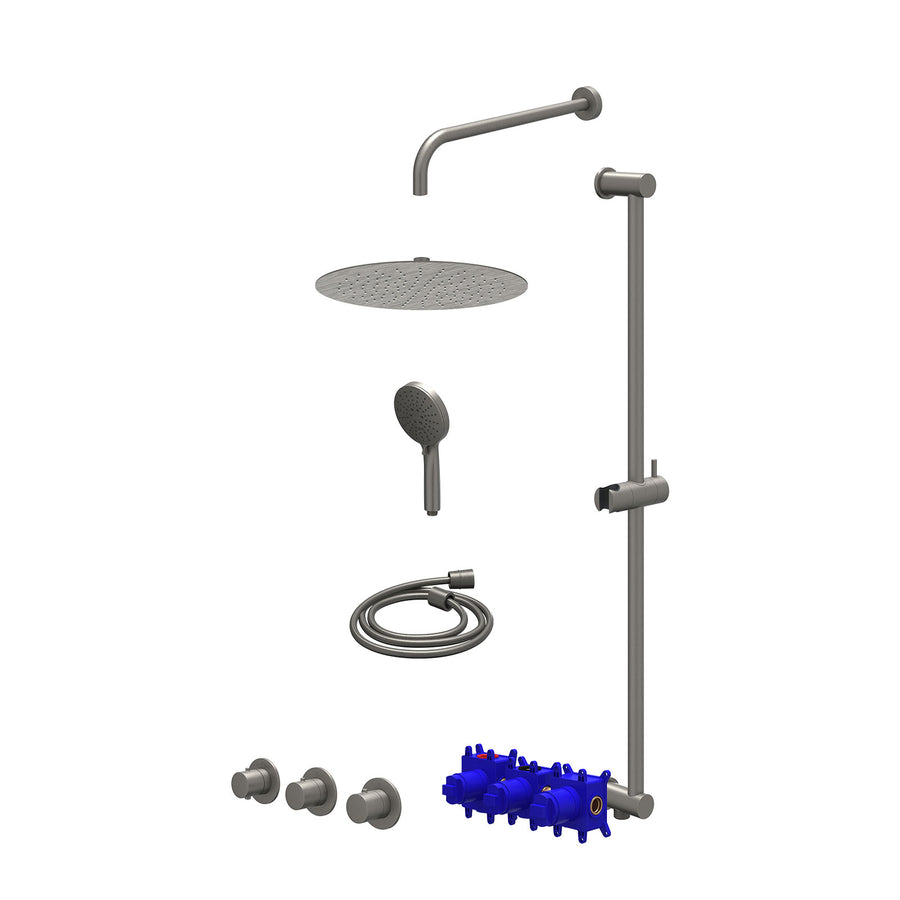 IVY Regendoucheset inbouwthermostaatkraan met 2 vaste stopkranen symmetry, wandarm, R30cmSL, glijstang met uitlaat, doucheslang 150cm en 3-standen handdouche – Gebr. metal black PV