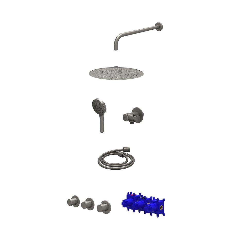 IVY Regendoucheset inbouwthermostaatkraan met 2 vaste stopkranen symmetry, wandarm, R30cmSL, verstelbare steun met geïnt. uitlaat, doucheslang 150cm en 3-standen handdouche – Gebr.