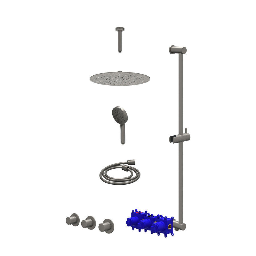 IVY Regendoucheset inbouwthermostaatkraan met 2 vaste stopkranen symmetry, plafondbuis 15cm, R30cmSL, glijstang met uitlaat, doucheslang 150cm en 3-standen handdouche – Gebr. metal