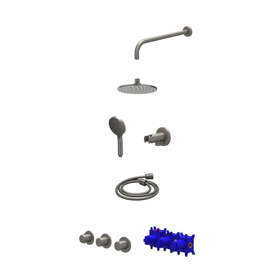 IVY Regendoucheset inbouwthermostaatkraan met 2 vaste stopkranen symmetry, wandarm, R20cmME, houder met uitlaat, doucheslang 150cm en 3-standen handdouche – Gebr. metal black PVD