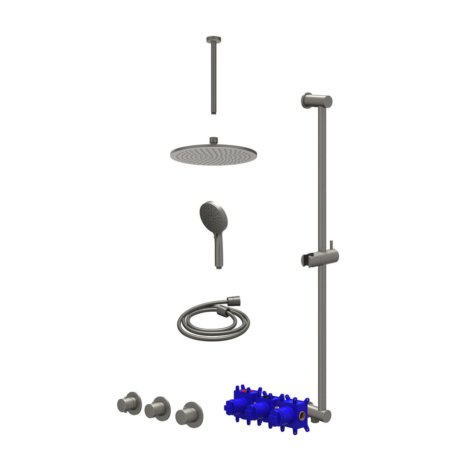 IVY Regendoucheset inbouwthermostaatkraan met 2 vaste stopkranen symmetry, plafondbuis 30cm, R25cmME, glijstang met uitlaat, doucheslang 150cm en 3-standen handdouche – Gebr. metal