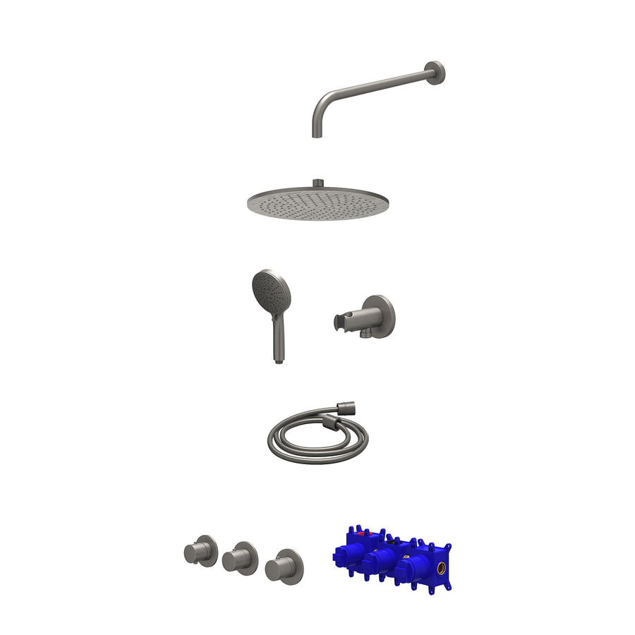 IVY Regendoucheset inbouwthermostaatkraan met 2 vaste stopkranen symmetry, wandarm, R30cmME, houder met uitlaat, doucheslang 150cm en 3-standen handdouche – Gebr. metal black PVD