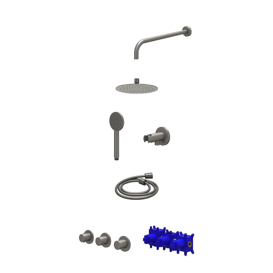 IVY Regendoucheset inbouwthermostaatkraan met 2 vaste stopkranen symmetry, wandarm, R20cmSL, houder met uitlaat, doucheslang 150cm en satin spray handdouche – Gebr. metal black PVD
