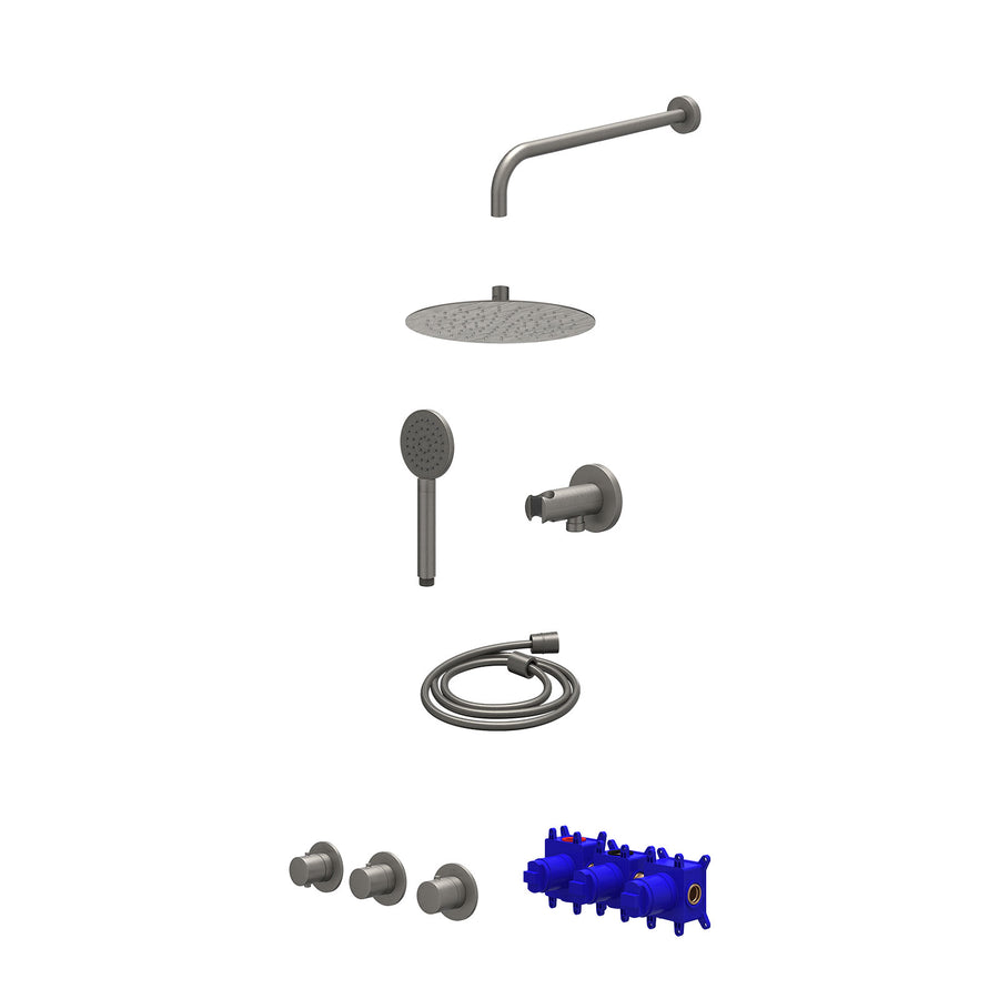 IVY Regendoucheset inbouwthermostaatkraan met 2 vaste stopkranen symmetry, wandarm, R25cmSL, houder met uitlaat, doucheslang 150cm en satin spray handdouche – Gebr. metal black PVD