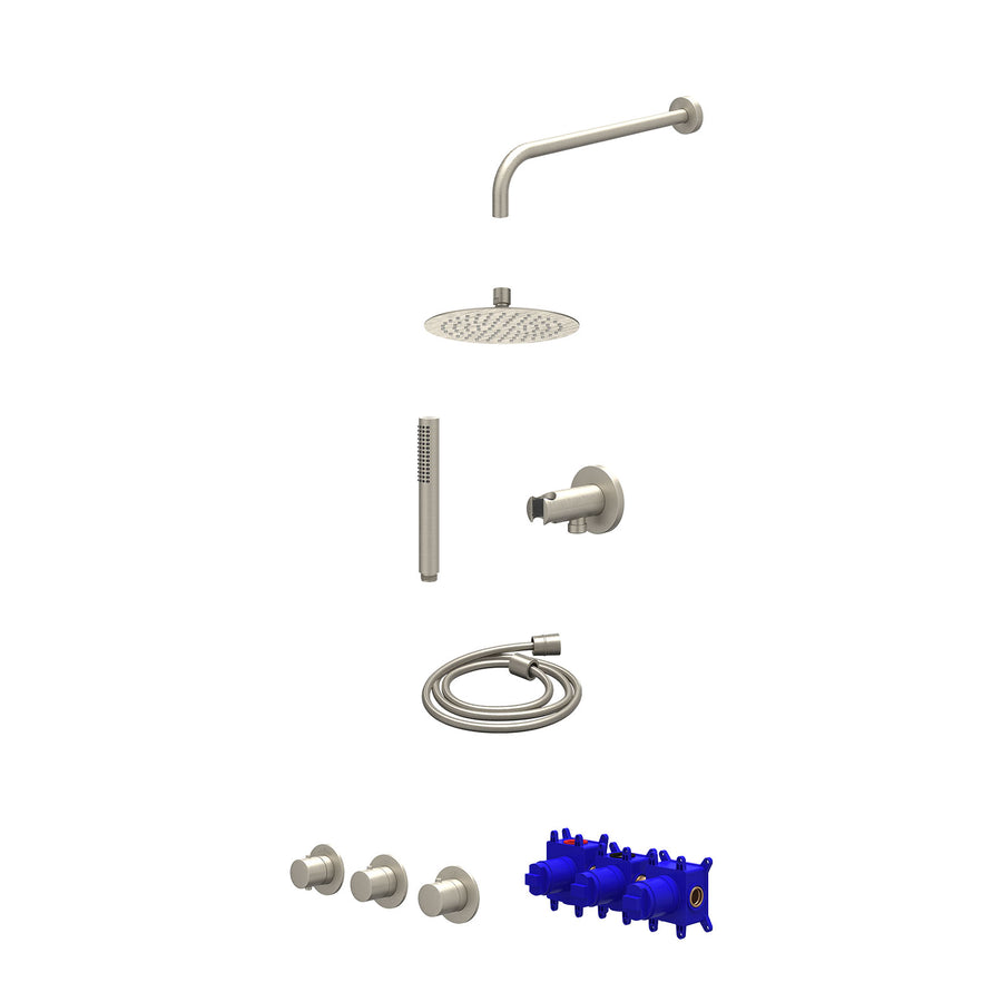 IVY Regendoucheset inbouwthermostaatkraan met 2 vaste stopkranen symmetry, wandarm, R20cmSL, houder met uitlaat, doucheslang 150cm en staafmodel – Gebr. nickel PVD