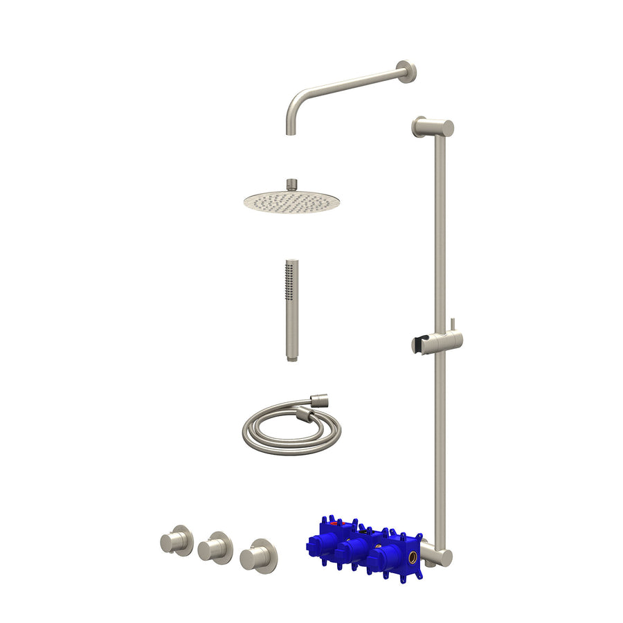 IVY Regendoucheset inbouwthermostaatkraan met 2 vaste stopkranen symmetry, wandarm, R20cmSL, glijstang met uitlaat, doucheslang 150cm en staafmodel – Gebr. nickel PVD